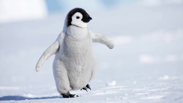 雪の上をよちよちと歩く丸くてふわふわの赤ちゃんペンギンのクローズアップ