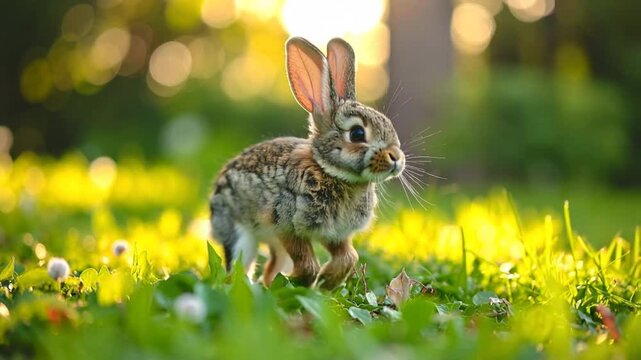 夕日の光を浴びながら草むらを軽やかにジャンプする子ウサギの瞬間