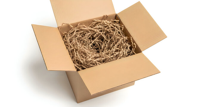 Open cardboard box filled with protective shredded brown paper packaging filler e commerce eco friendly cardboard packaging