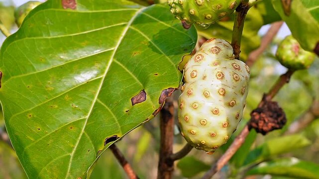 High quality slow motion footage of a ripe noni fruit hanging on a green branch under bright sunlight, ideal for herbal medicine, organic supplements, and tropical wellness content