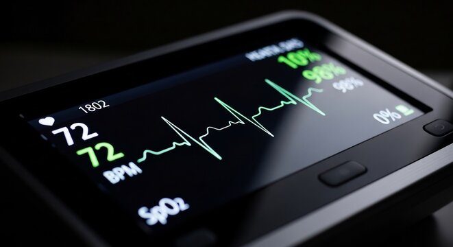 Close-up of a digital pulse oximeter displaying heart rate and oxygen saturation.