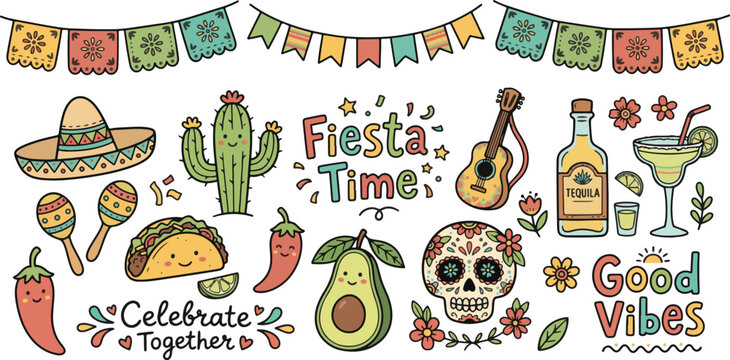 Mexican Fiesta Festive Elements, Illustration Doodle Cartoon Collection