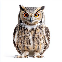 Obraz premium A wise and alert owl with striking orange eyes and intricate feather patterns on a white background looking forward
