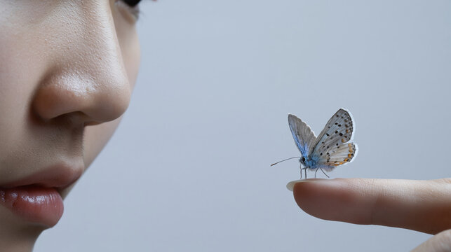 Butterfly Macro Close-Up on Woman's Hand: Serenity and Connection in Nature's Elegant Microcosm