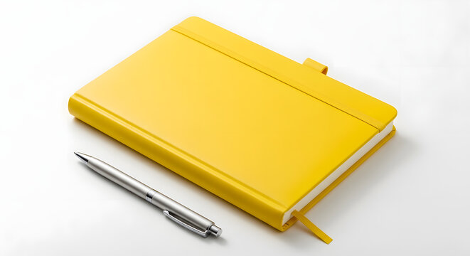 A bright yellow notebook lies closed with a silver pen resting nearby. high-quality professional detailed modern elegant stylish clean crisp