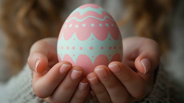 A woman's hands gently cradling a decorated pink and blue Easter egg with a white sweater in the background.