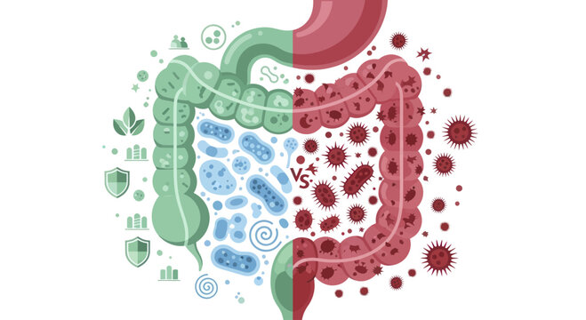 Gut Microbiome Health Versus Disease Illustration.