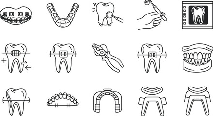 Fototapeta premium Set of Line Icons Representing Braces, Orthodontic Treatment, Teeth Alignment, and Dental Tools for Orthodontics and Oral Care