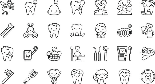 Set of Line Icons Representing Child Dental Care, Toothbrushing, and Fun Oral Health for Pediatric Dentistry and Oral Hygiene