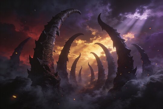 Epic apocalyptic concept art of the Ten Horns of the Fourth Beast from Daniel 7. Dramatic biblical prophecy and end times
