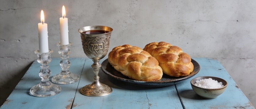 Traditional Shabbat table setting background with two challah breads, candles, and kiddush cup.