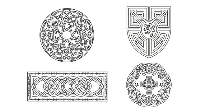 Celtic Knotwork Designs: Circular, Shield, Rectangle, and Cross Emblems
