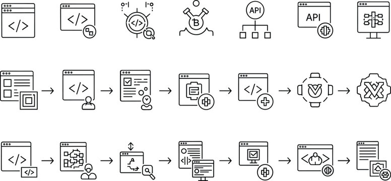 Set of Line Icons Representing API Integration, Web Development, Software Engineering, and Programming Process for Tech and Development