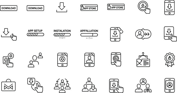 Set of Line Icons Representing App Downloads, Installation, App Store, and Mobile Application Setup for Digital Marketing and App Management