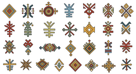 Collection of diverse geometric tribal symbols and patterns in various colors. © Yann