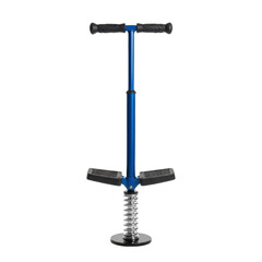 Naklejka premium A modern cobalt blue and black pogo stick stands upright in a white studio with soft lighting, highlighting textures and metal spring active play atmosphere