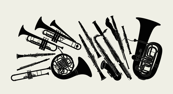 Black Silhouette of Assorted Musical Instruments on a Light Background