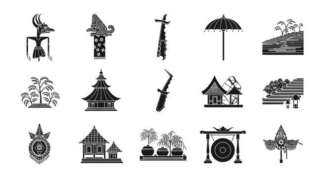 Collection of Indonesian Cultural Icons and Traditional Elements.