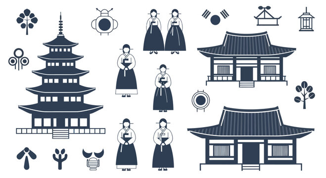 Collection of Korean cultural symbols and architecture elements.