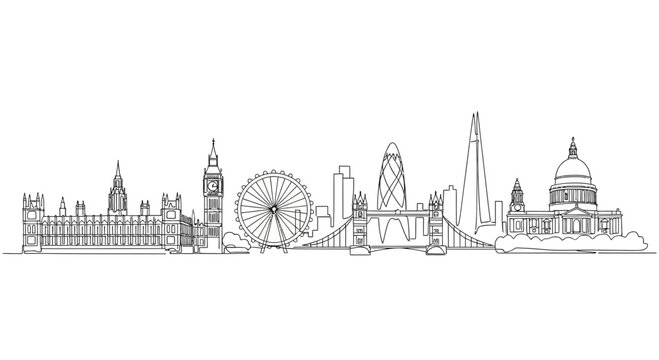 London Skyline Silhouette: Iconic Landmarks in Black and White Sketch