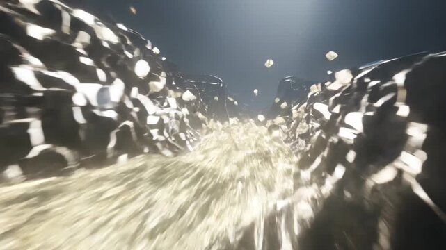 Refined binary code river surging through vulnerable obsidian channels cinematic cyber attack visualization scene