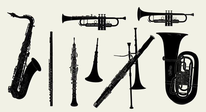 Silhouette Collection of Musical Instruments: Saxophone, Trumpets, Tuba, Oboe, Bassoon