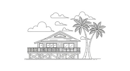 Fototapeta premium Tropical Beach House on Stilts with Palm Trees and Clouds Line Art