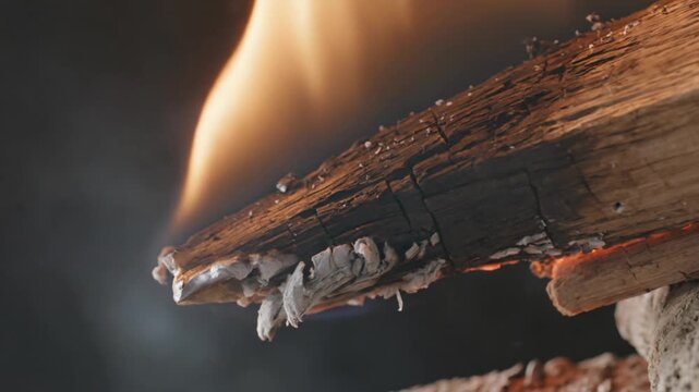 Burning fig wood silver ash edges honeyed flame gourmet luxury mood rich cinematic fire detail