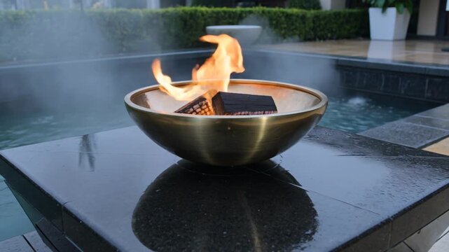 Brass fire bowl mirrored rain dark stone warm glow against cool surface luxury cinematic ambiance