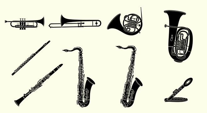 Collection of Brass and Woodwind Musical Instruments Silhouette