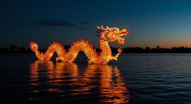 夜の深い水面に浮かぶ豪華絢爛で荘厳な龍の提灯が鮮やかな金色に煌々と輝き周囲の深い闇を幻想的に照らし出す水面に美しい光の軌跡を揺らめかせ魅惑的な夜の情景. AI Generated