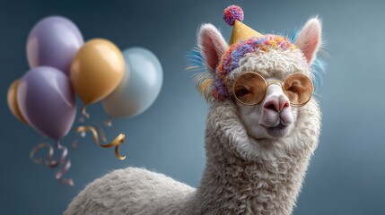 Fototapeta premium Adorable Alpaca Wearing Party Hat and Sunglasses Surrounded by Colorful Balloons Celebrating a Fun Festive Event in a Playful Atmosphere