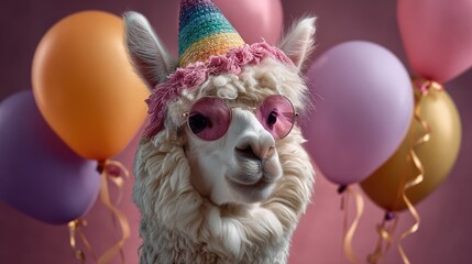 Fototapeta premium Festive Alpaca Wearing Party Hat and Sunglasses Surrounded by Colorful Balloons in Playful Celebration Atmosphere