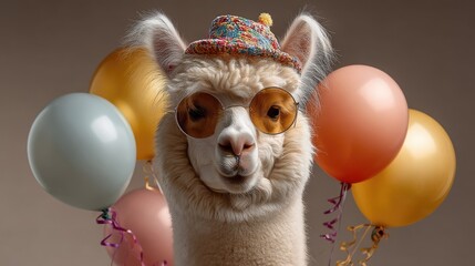 Fototapeta premium Adorable alpaca wearing sunglasses and a colorful party hat surrounded by festive balloons in a cheerful celebration setting