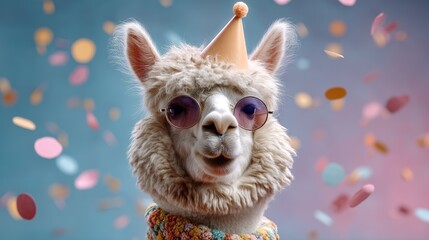 Fototapeta premium Fun and Festive Alpaca Wearing Party Hat and Sunglasses Surrounded by Colorful Confetti for Celebrations and Joyous Occasions