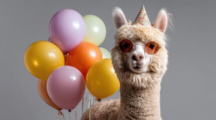 Fototapeta premium Happy Alpaca Celebrating Birthday Party with Colorful Balloons and Fun Party Hat, Exciting and Joyful Atmosphere for Animal Lovers