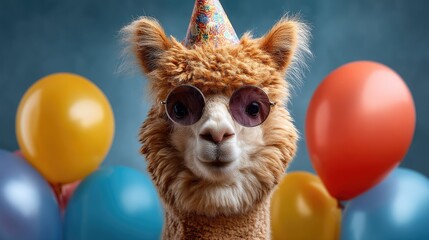 Fototapeta premium Adorable alpaca wearing party hat and sunglasses surrounded by colorful balloons, celebrating a festive occasion with a cheerful and playful vibe