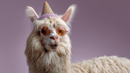 Fototapeta premium Adorable llama wearing party hat and stylish sunglasses against soft pastel pink background, exuding a fun and celebratory mood for festive occasions