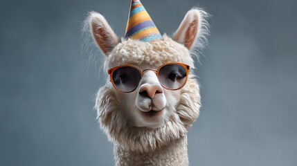 Fototapeta premium Fun and Playful Alpaca with Sunglasses and Birthday Hat Celebrating in a Studio Setting, Perfect for Animal Lovers and Party Themes