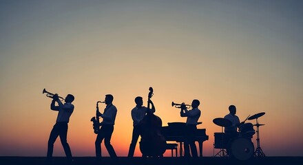 Fototapeta premium A black vector illustration of a jazz band and musicians with a saxophone and guitar performing a sunset concert as a group of people and families watch the silhouettes against the sky