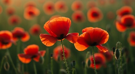 Fototapeta premium 夏の夕暮れ時 柔らかな光に包まれた広大なひなげし畑の美しい情景が広がる 逆光が鮮やかな赤い花びらを透き通るように輝かせ心地よい風に揺れる様は見る者を魅了する. AI Generated