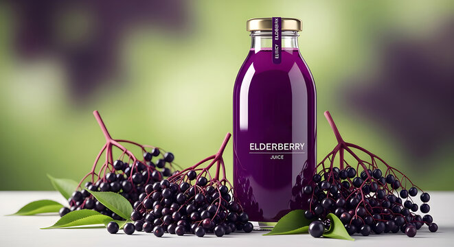 Bottle of elderberry juice surrounded by fresh elderberries