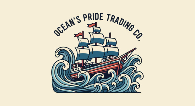 Ocean Pride Trading Company Vintage Sailing Ship Illustration.