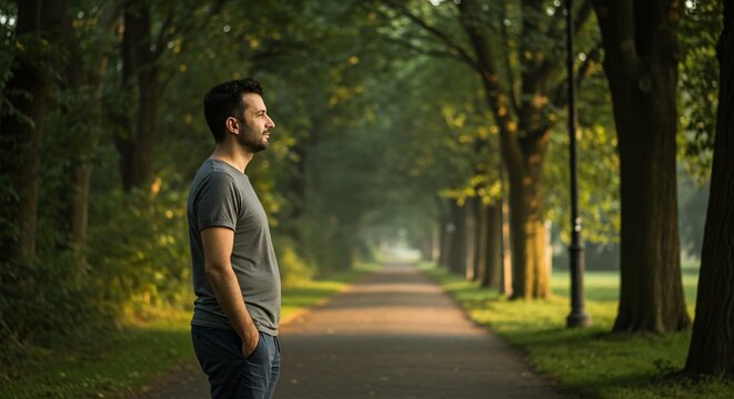 木々の間から差し込む柔らかな朝の光が道に長い影を落とす静寂に包まれた公園の並木道で人生の岐路に立ち深く思索するかのように遠くのぼんやりとした景色を穏やかな表情で見つめる男性の横顔. AI Generated