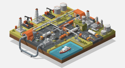 Obraz premium Oil and Gas Industry Complex with Pumping Jacks and Refinery.