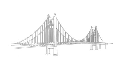 Fototapeta premium Stylized grey line drawing of a suspension bridge with two towers and suspended roadway