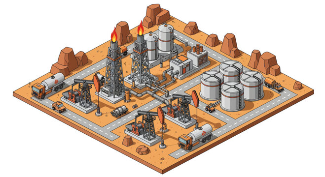 Oil drilling and extraction industrial complex with pumpjacks and storage tanks.