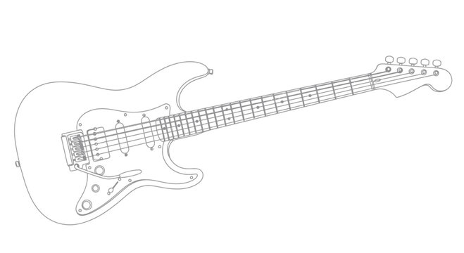 A minimalist outline drawing of a six-string electric guitar on a white background