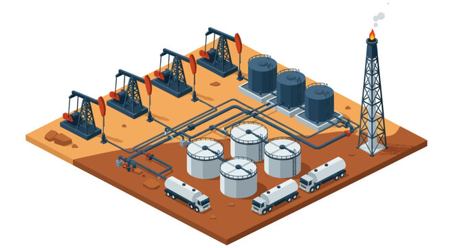 Oil extraction and storage facility with pump jacks and tankers.