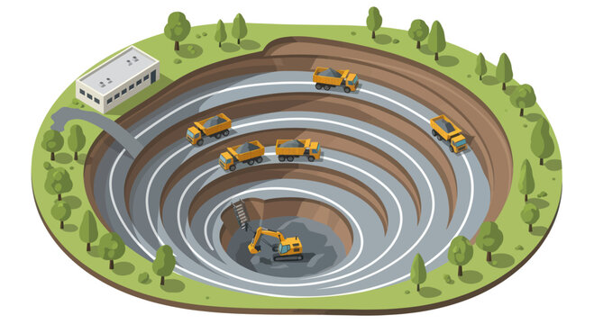Open Pit Mine Excavation with Heavy Machinery and Terraced Levels.